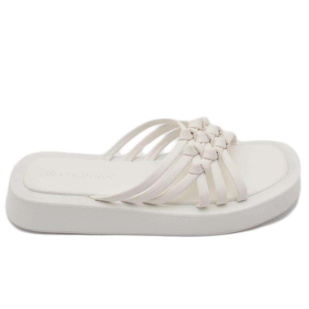 Pantofola ciabatta donna platform zeppa in gomma bianco con fascia intrecciata comoda memory foam estate.
