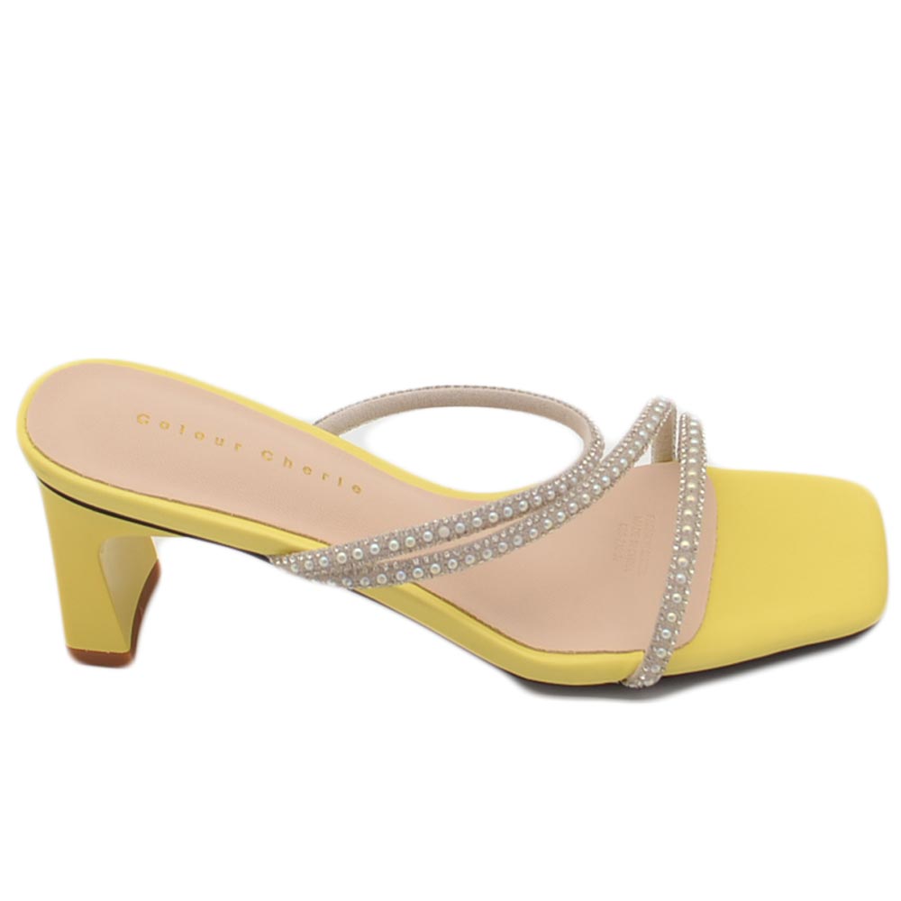 Sandali mules donna giallo gioiello con tacco squadrato largo 5 cm 3 fasce di strass moda eleganti cerimonia comodo