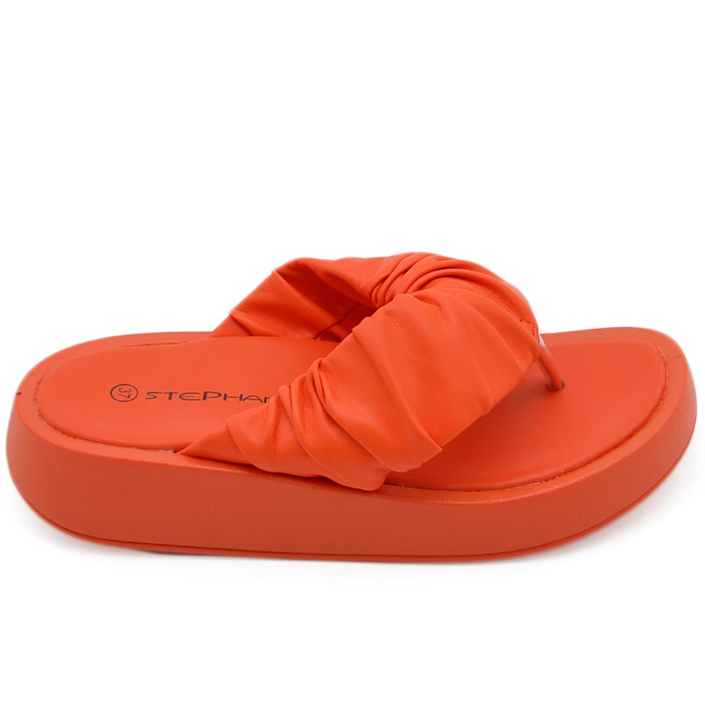 Pantofola donna infradito platform in gomma antiscivolo arancione arricciato comfort relax estive .