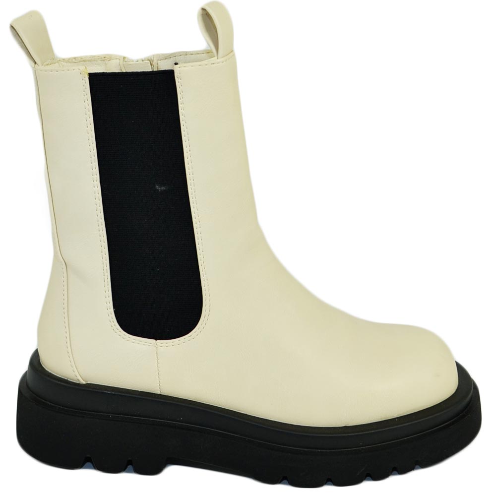 Stivaletti donna Platform chelsea boots combat beige fondo alto zip e elastico laterale moda tendenza comodo