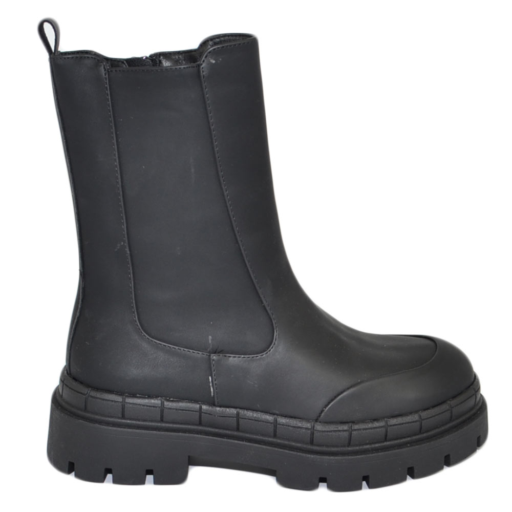 Stivaletti donna platform chelsea boots combat nero opaco gommato fondo alto zip elastico laterale moda tendenza