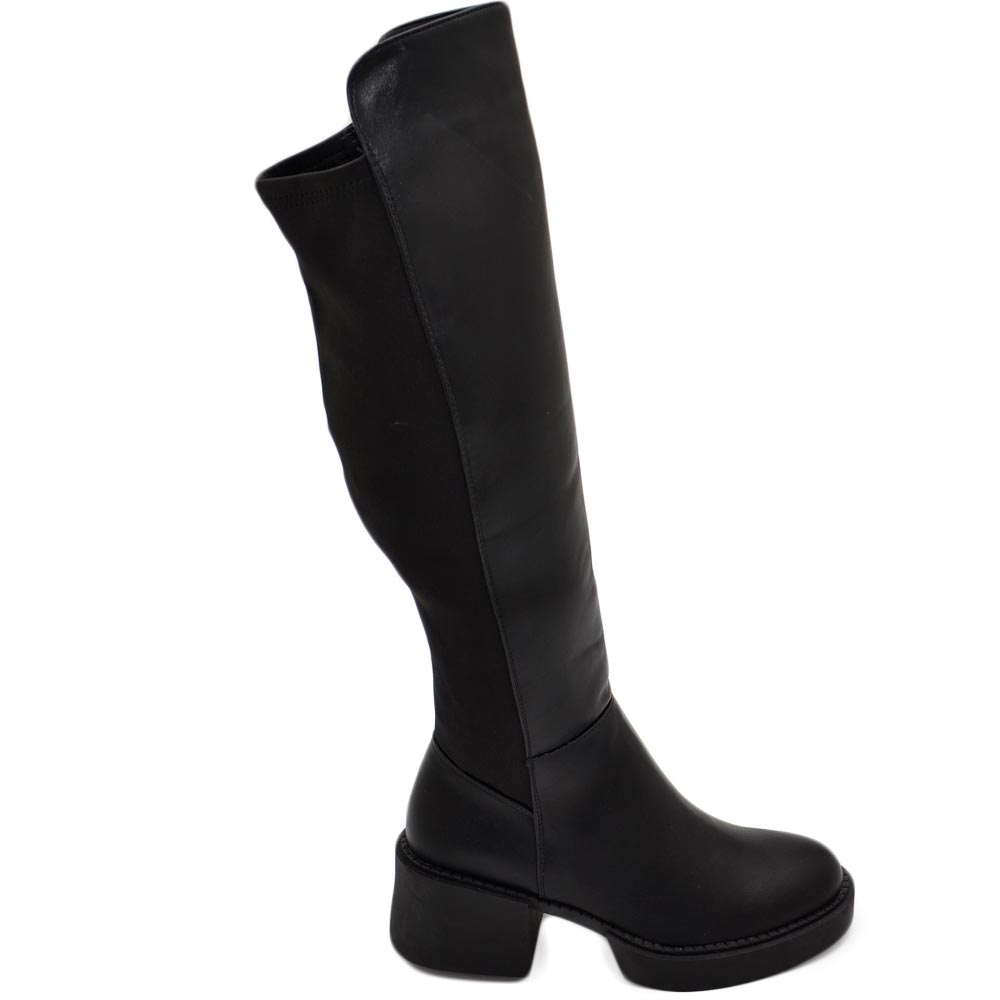 Stivali donna alto punta tonda nero gambale aderente elasticizzato alto sopra al ginocchio tacco 4 plateau zip curvy.