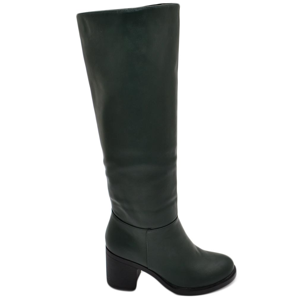 Stivali donna alto punta tonda verde gambale aderente al ginocchio liscio tacco largo 5 plateau avanti moda elegante zip