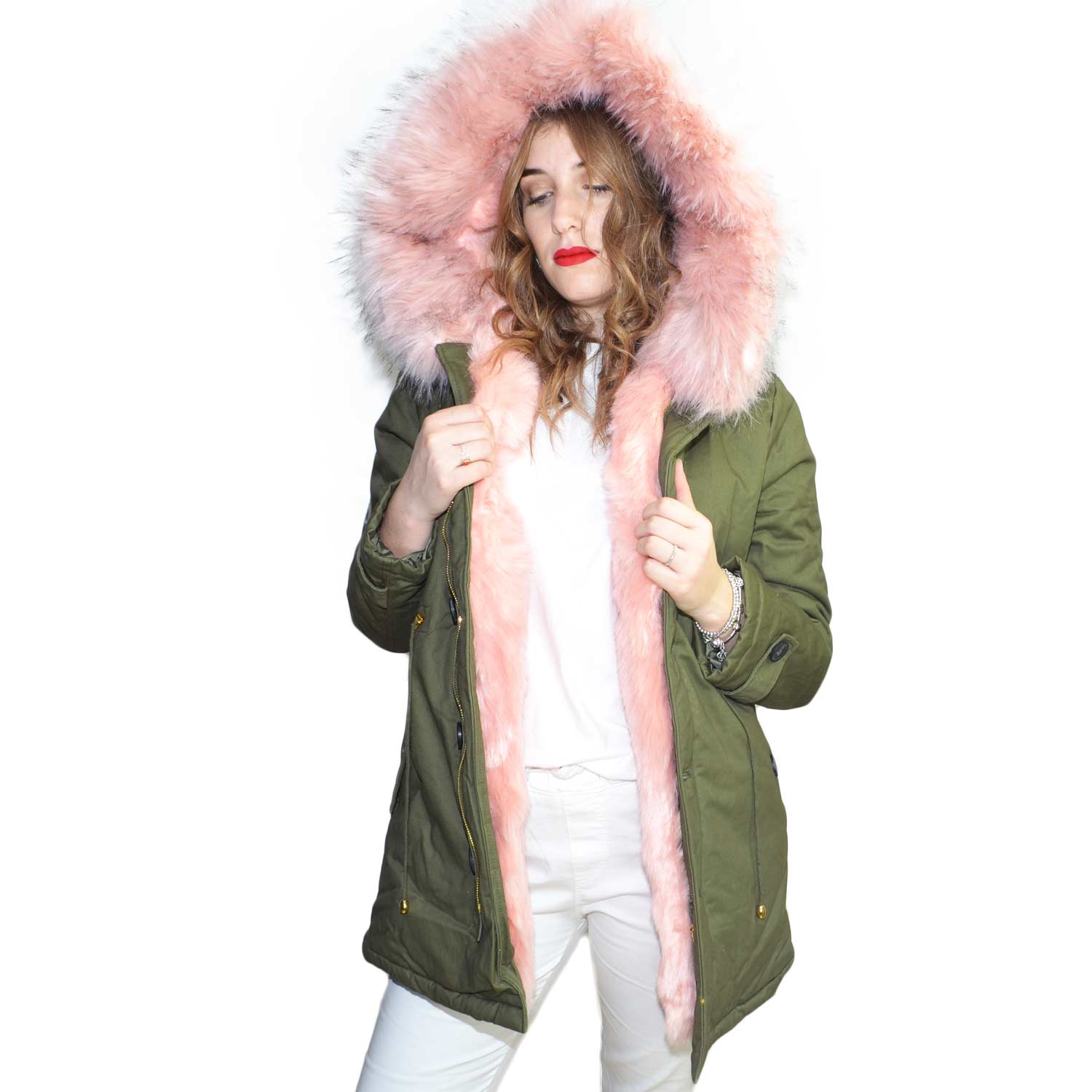 Parka donna lungo verde con pelliccia colorata rosa voluminosa glamour donna  parka k-zell | MaluShoes