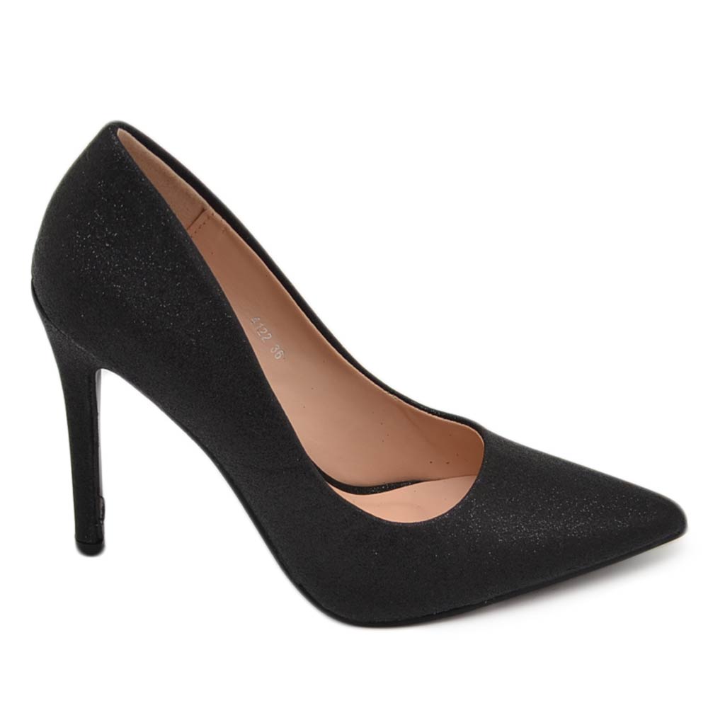 Decollete' scarpe donna eleganti a punta nero brillantinato luccicante tacco  a spillo 12 cerimonia evento donna decollete Malu Shoes