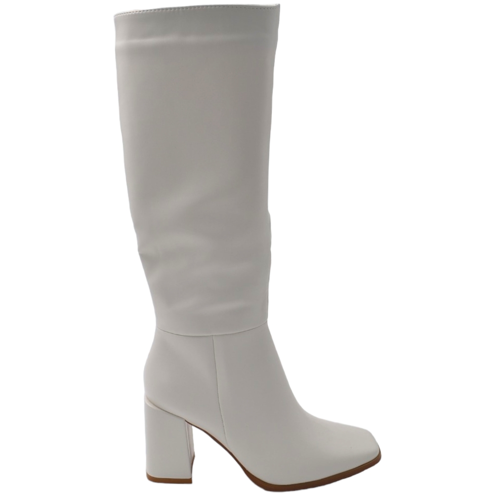 Stivali donna in pelle bianco fondo gomma antiscivolo tacco quadrato 5 cm al ginocchio zip punta quadrata 