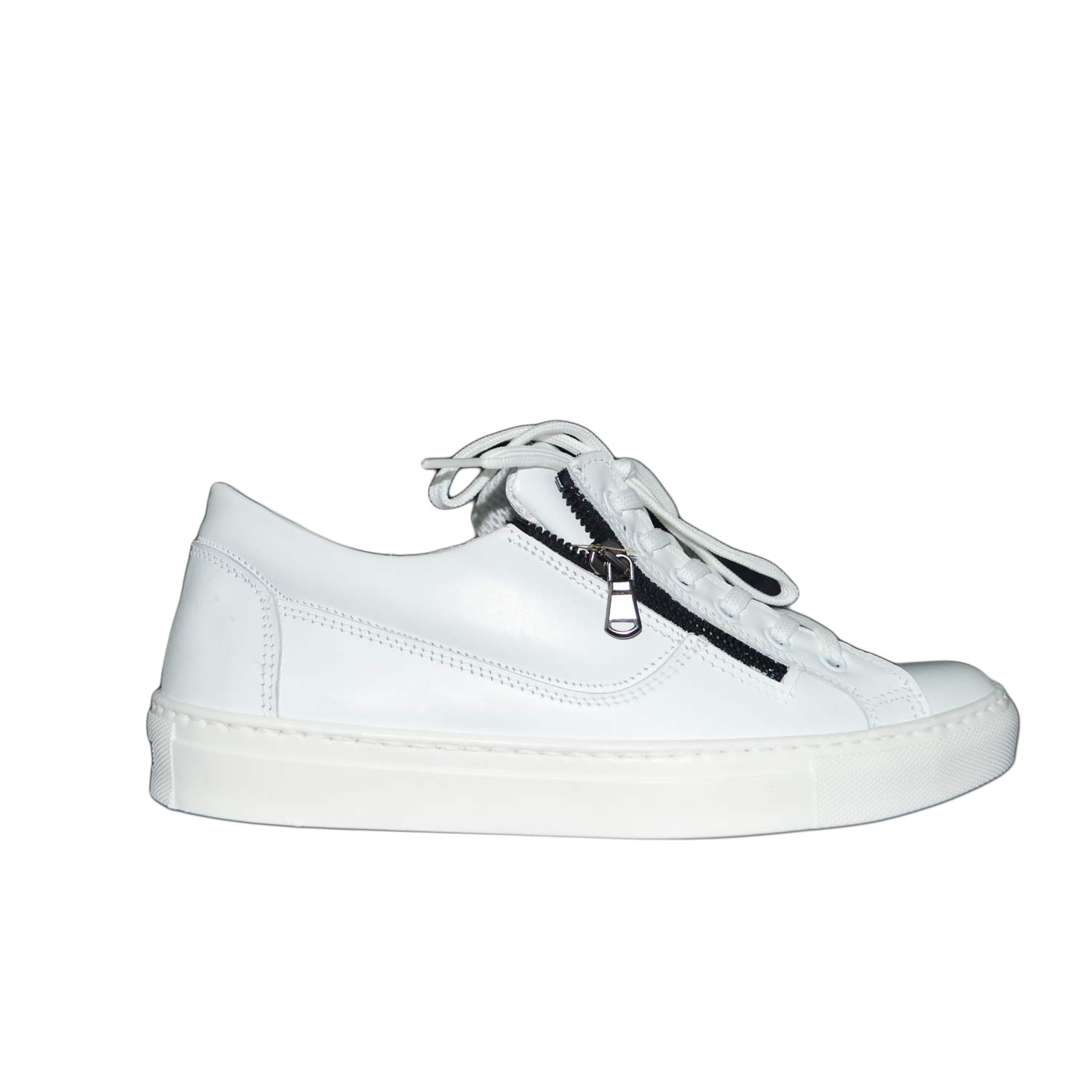 Sneakers bassa doppia zip vera pelle bianco made in italy lacci moda.