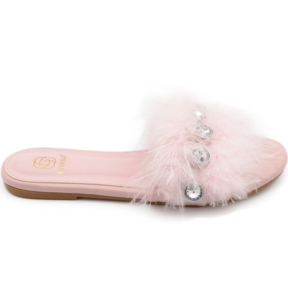 Pantofoline donna pelliccia peluche pelo con applicazioni rosa cipri voluminosa colorata morbide raso terra moda glamour