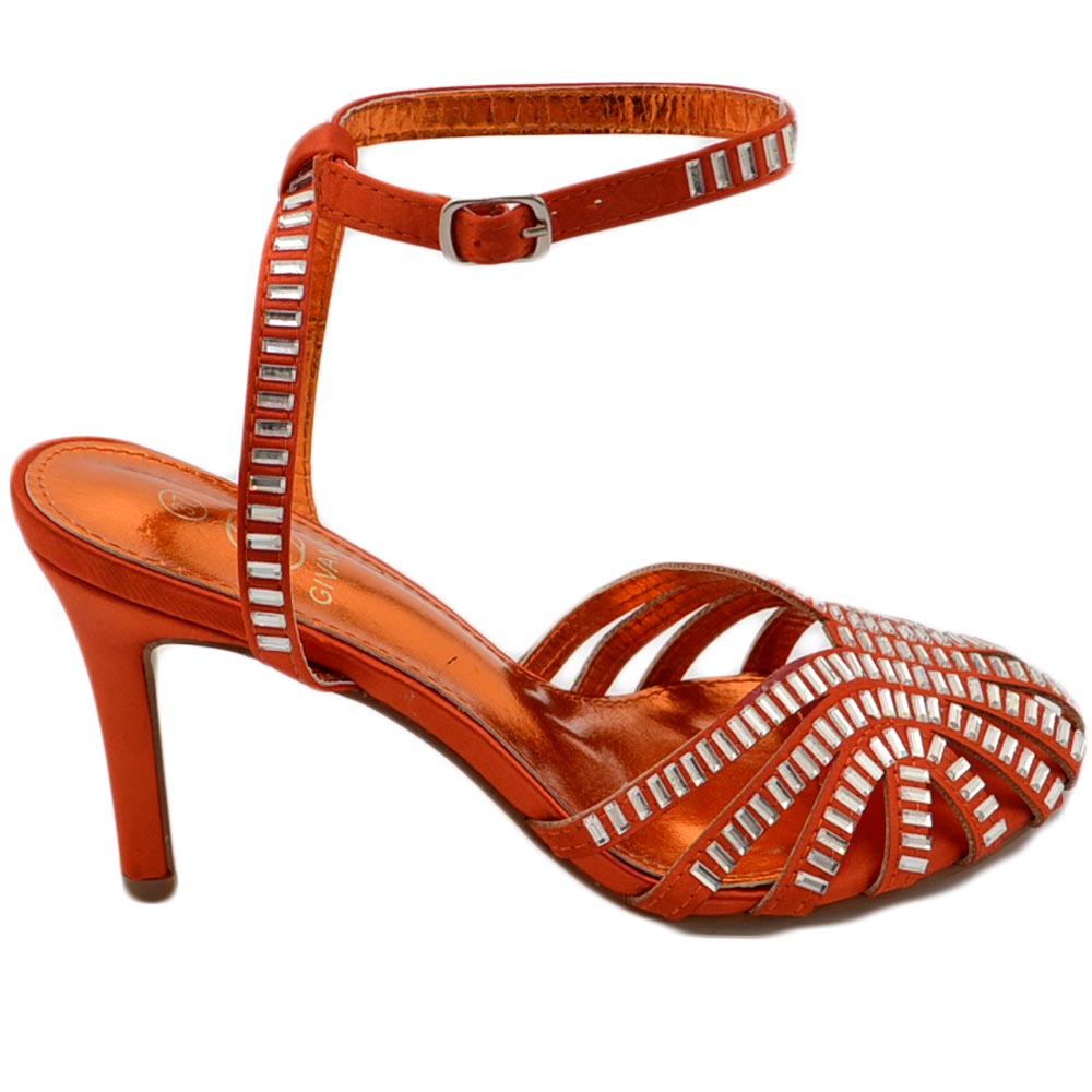 Sandali tacco donna a fascette arancioni lucide con applicazioni anni 60 tacco 8cm cerimonia cinturino alla caviglia.