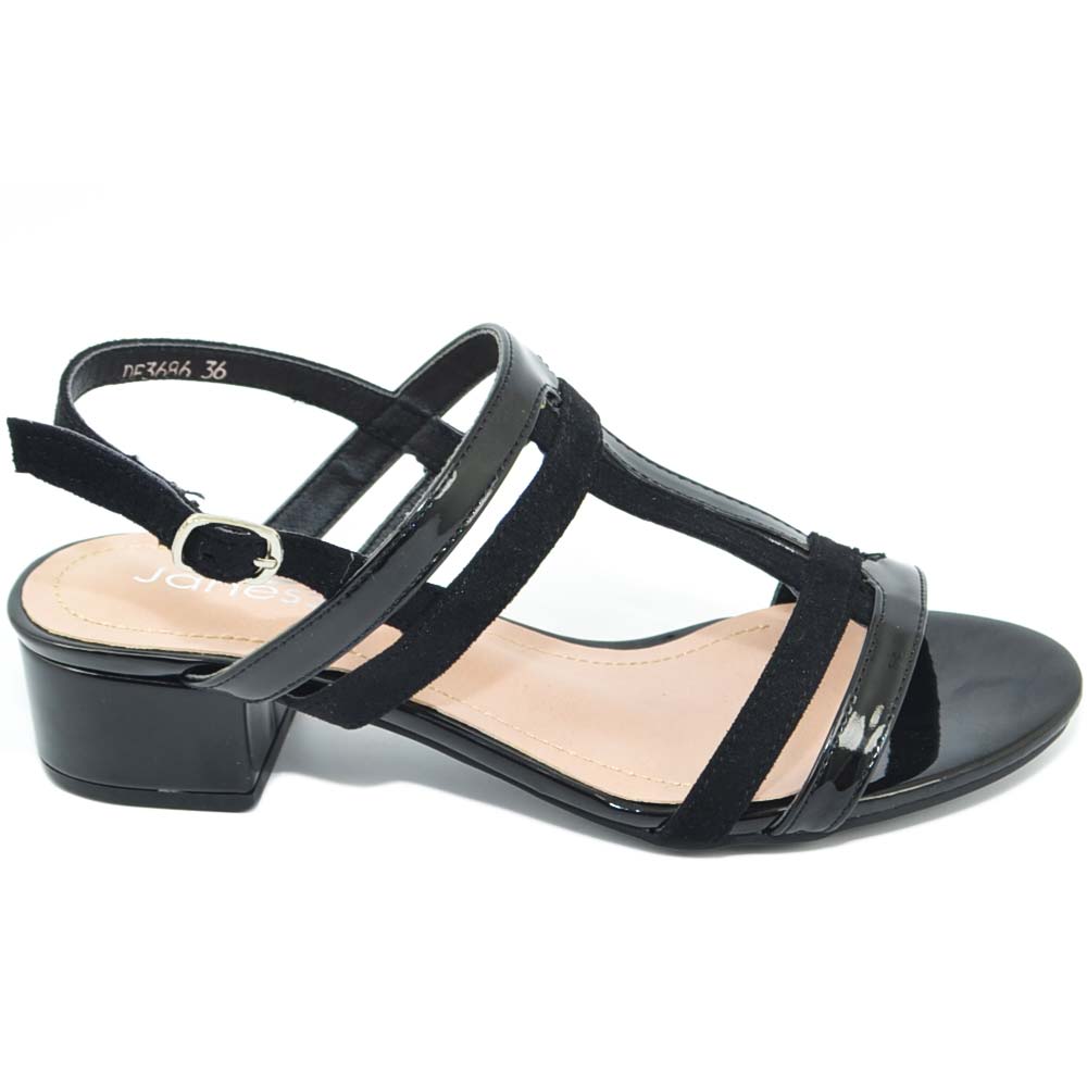 Sandalo basso donna nero semplice tacco basso fascette incrociate effetto glitter vernice e scamosciato comodo elegante