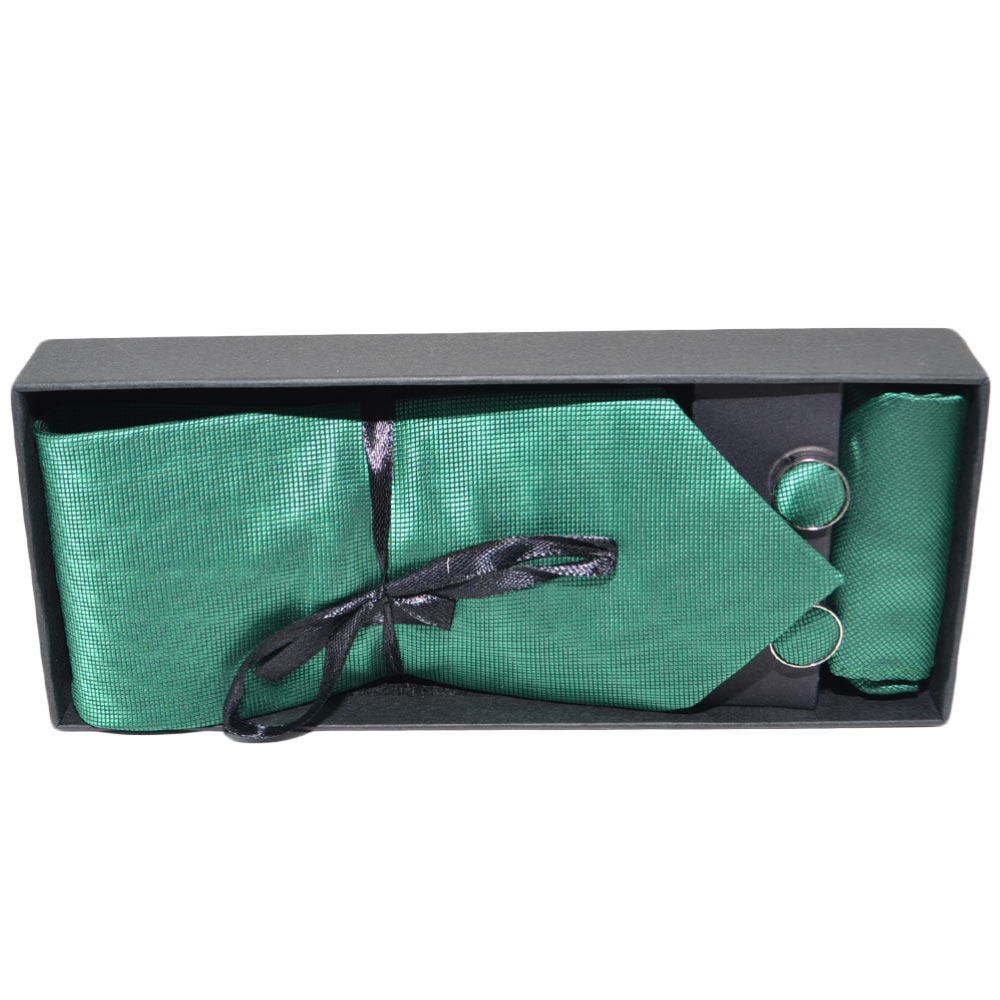 SET CRAVATTA UOMO ELEGANTE IN RASO VERDE PUNTINATO CON GEMELLI E POCHETTE PER CERIMONIE EVENTI