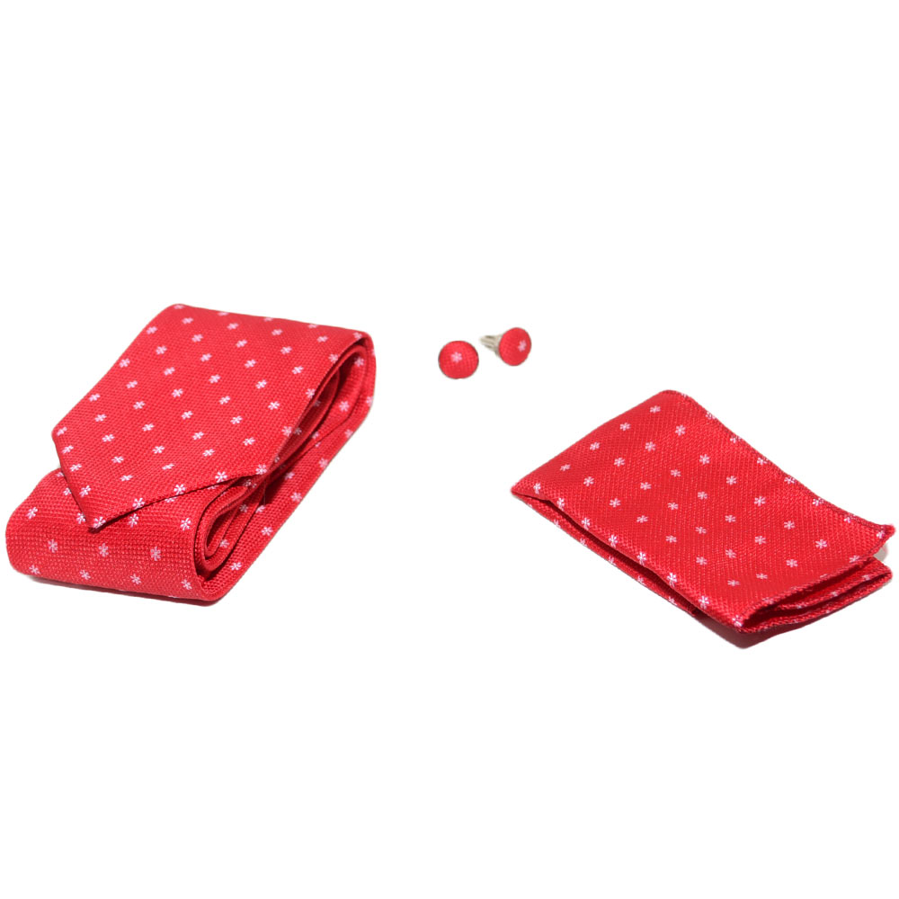 Set cravatta pochette e gemelli in cotone rosso con dettagli bianchi fiocco di neve confezione regalo per professionist.