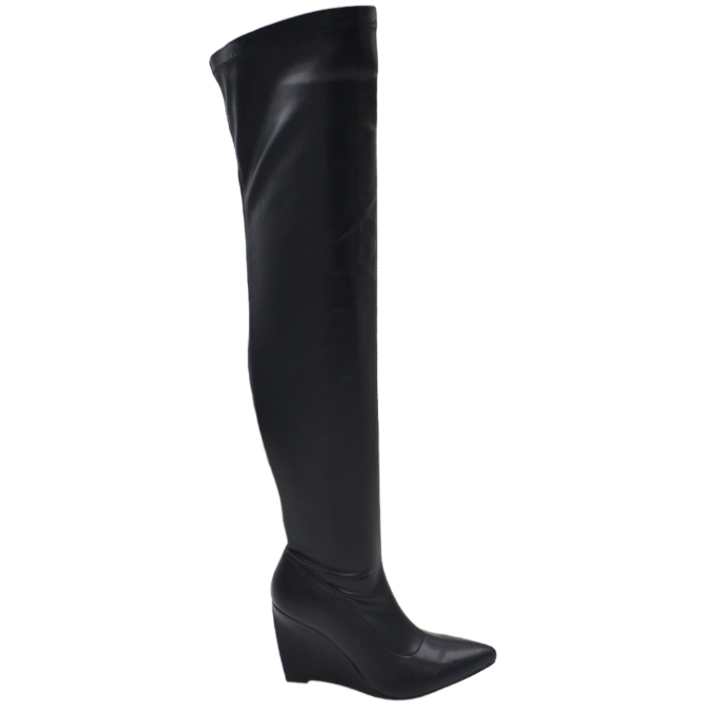 STIVALE DONNA NERO IN PELLE NERO A PUNTA CON TACCO ZEPPA COMODO 7 CM ZIP ALTO SOPRA AL GINOCCHIO BASIC MODA