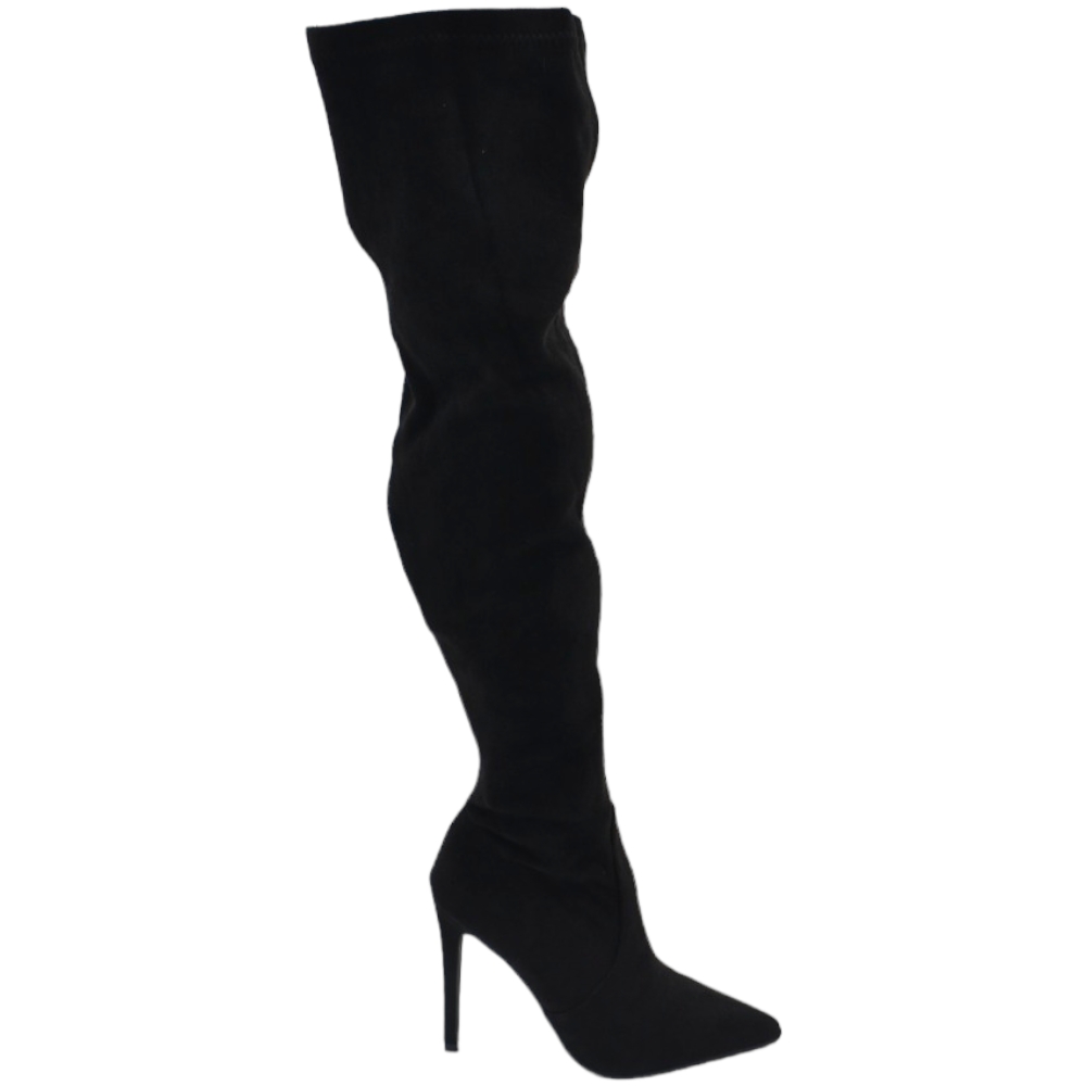 Stivali donna nero a punta in camoscio sopra il ginocchio con mezza zip elastico aderente tacco a spillo 12 basic sexy.