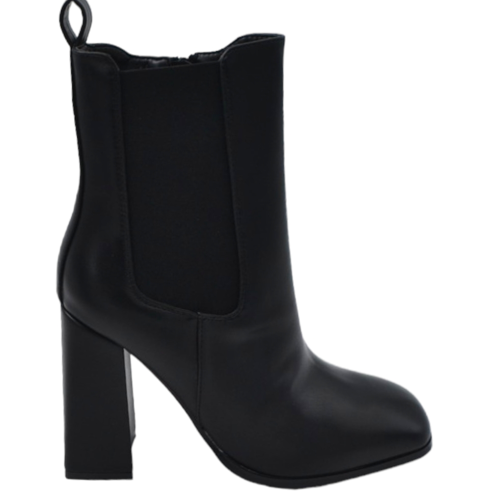 Stivaletto tronchetto donna linea basic nero con elastico beatles punta quadrata tacco doppio 8 cm zip laterale