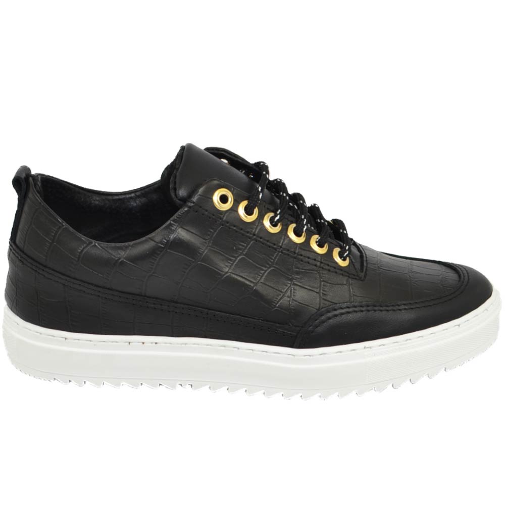 Scarpe sneakers bassa uomo vera pelle cocco nero con occhiello oro liscia basic fondo zigrinato  made in italy