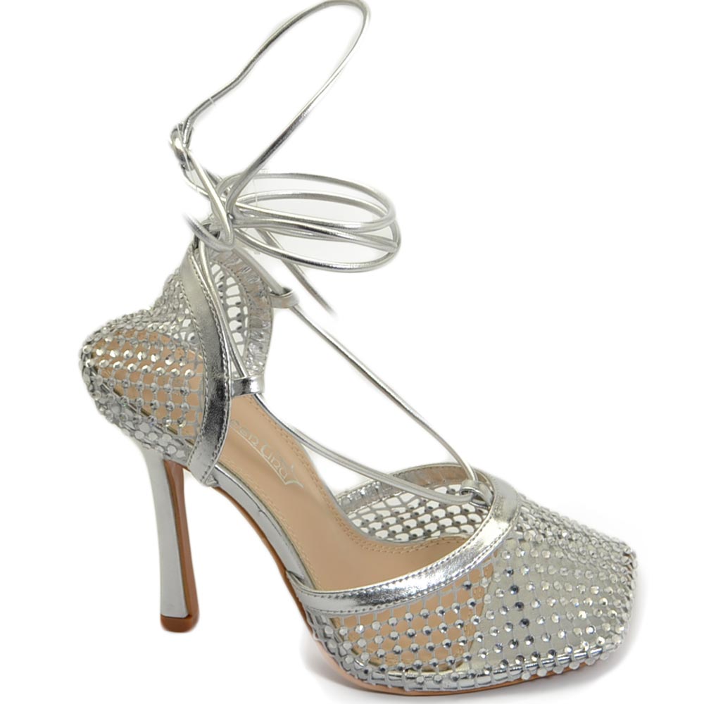 Sandali gioiello argento tacco a spillo 10 donna a rete strass e lacci alla schiava moda punta quadrata comode tendenza