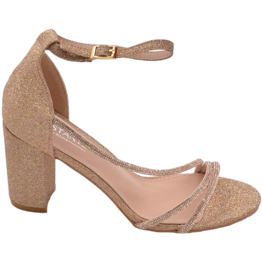 Scarpe sandalo donna oro rosa tessuto satinato fasce a incrocio strass e chiusura alla caviglia tacco largo comodo 5cm.