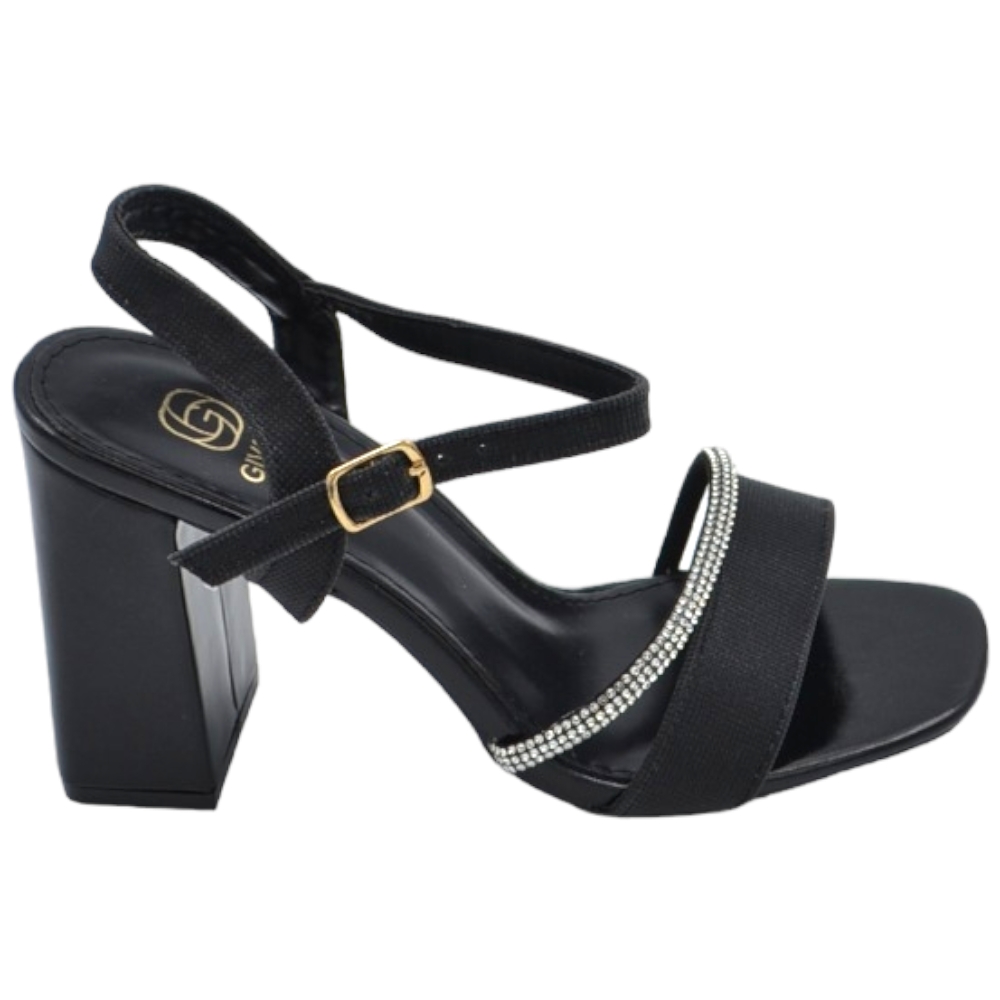 Scarpe sandalo donna nero pelle lucida con fasce a incrocio satinate e chiusura alla caviglia sling back lltacco 5cm