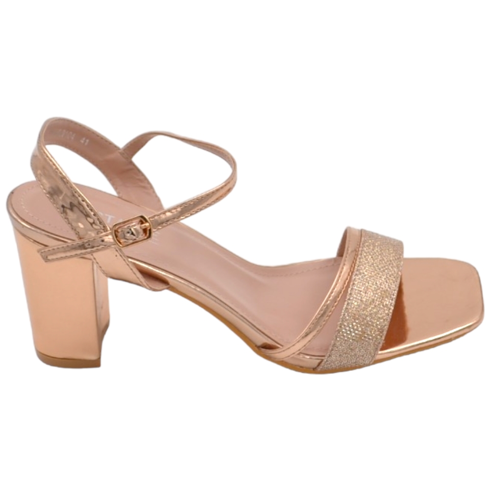 Scarpe sandalo donna oro rosa pelle lucida con fasce a incrocio satinate e chiusura alla caviglia sling back lltacco 5cm