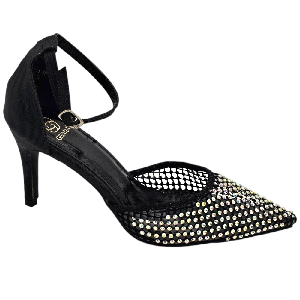 Scarpe decollete donna elegante nero punta rete trasparente brillantini argento tacco 10 cm cinturino  caviglia evento.