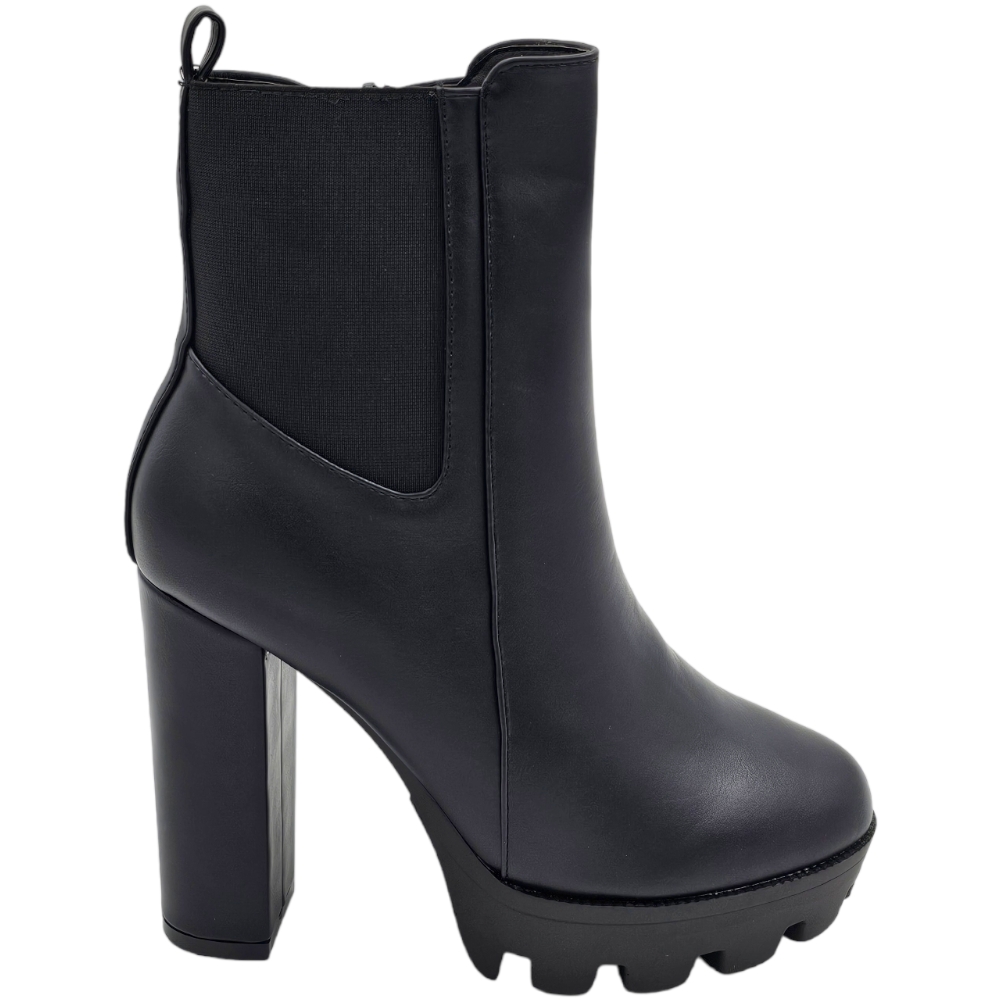 Stivaletto Tronchetto alto donna pelle nero con tacco largo 15 e plateau 4 cm linea Basic elastico Chelsea moda platform.