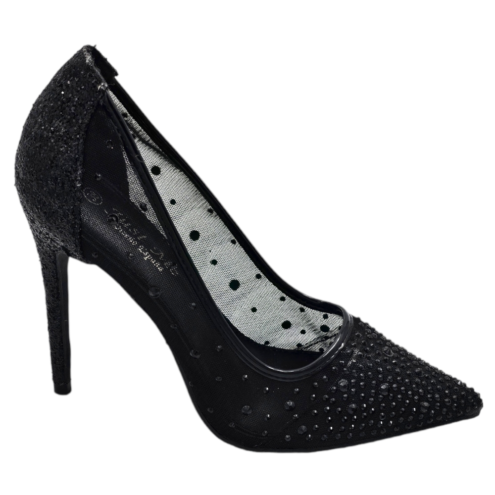 Decollete scarpa donna elegante nero con trasparenze e brillantini tono su tono tacco a spillo 12 evento glamour