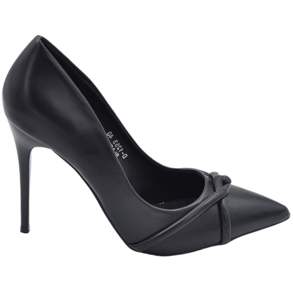 Decollete scarpa donna a punta in pelle nera con nodo in rilievo tacco sottile 12 cm elegante evento cerimonia .