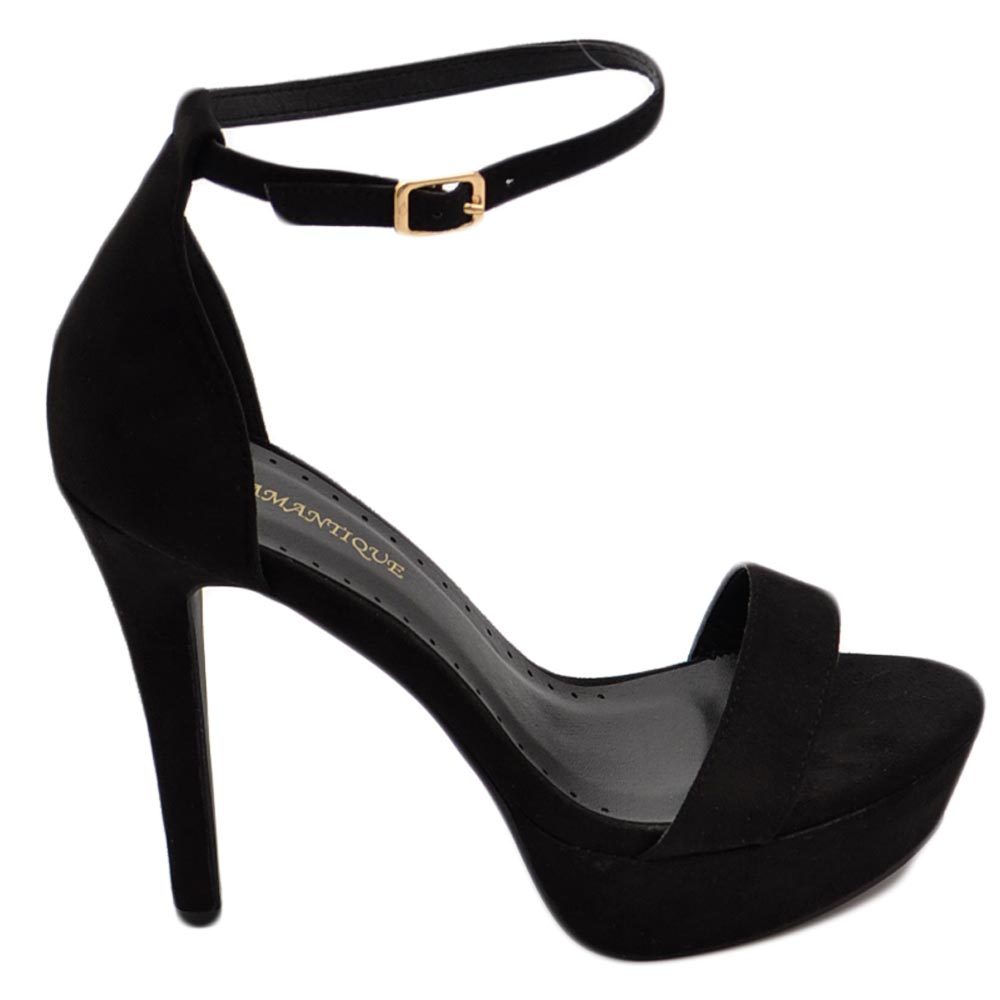 Sandali donna con tacco alto a spillo 15 cm e plateau 5 cm cinturino alla caviglia in camoscio nero.
