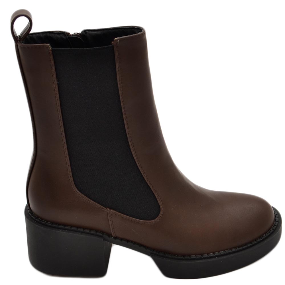 Stivale basso donna platform chelsea boots marrone con fondo alto zip elastico laterale tinta moda tendenza comodo