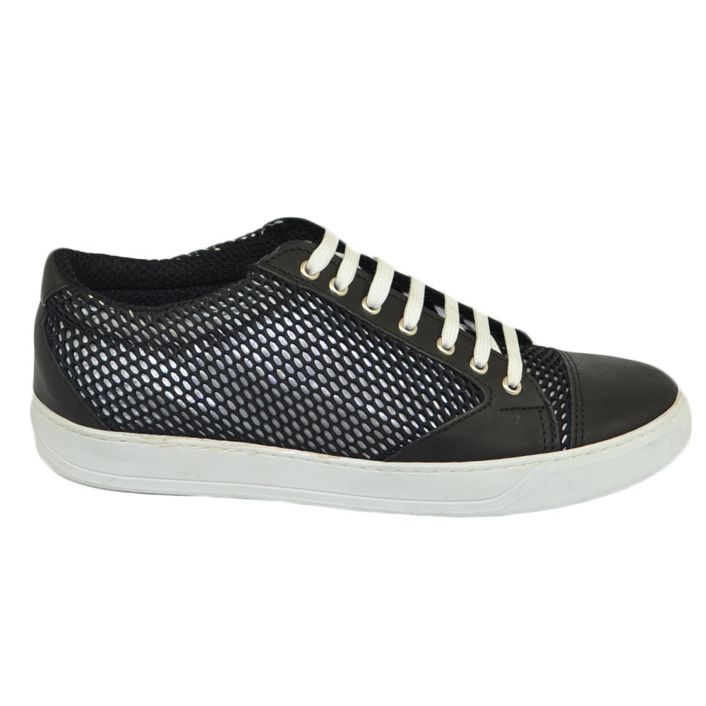 Scarpe uomo sneakers bassa vera pelle nero tessuto intrecciato bianco moda comodo bicolore fondo gomma casual