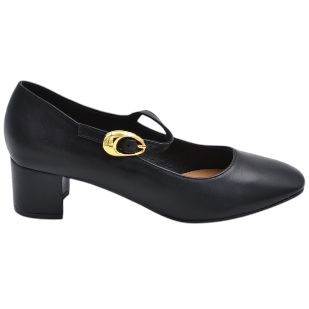 Scarpa decollete' donna punta quadrata con tacco largo 5 cm fibbia oro e cinturino regolabili pelle matte nero.