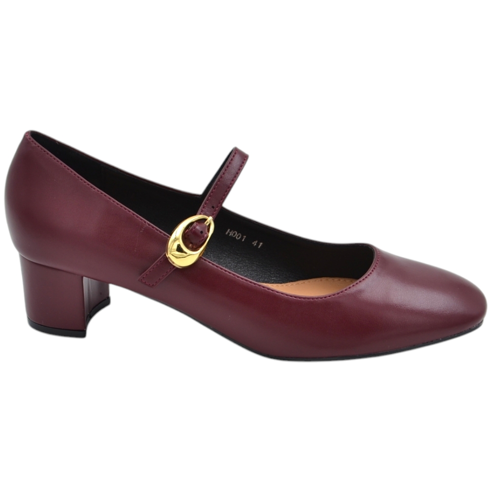 Scarpa decollete' donna punta quadrata con tacco largo 5 cm fibbia oro e cinturino regolabili pelle matte bordeaux.