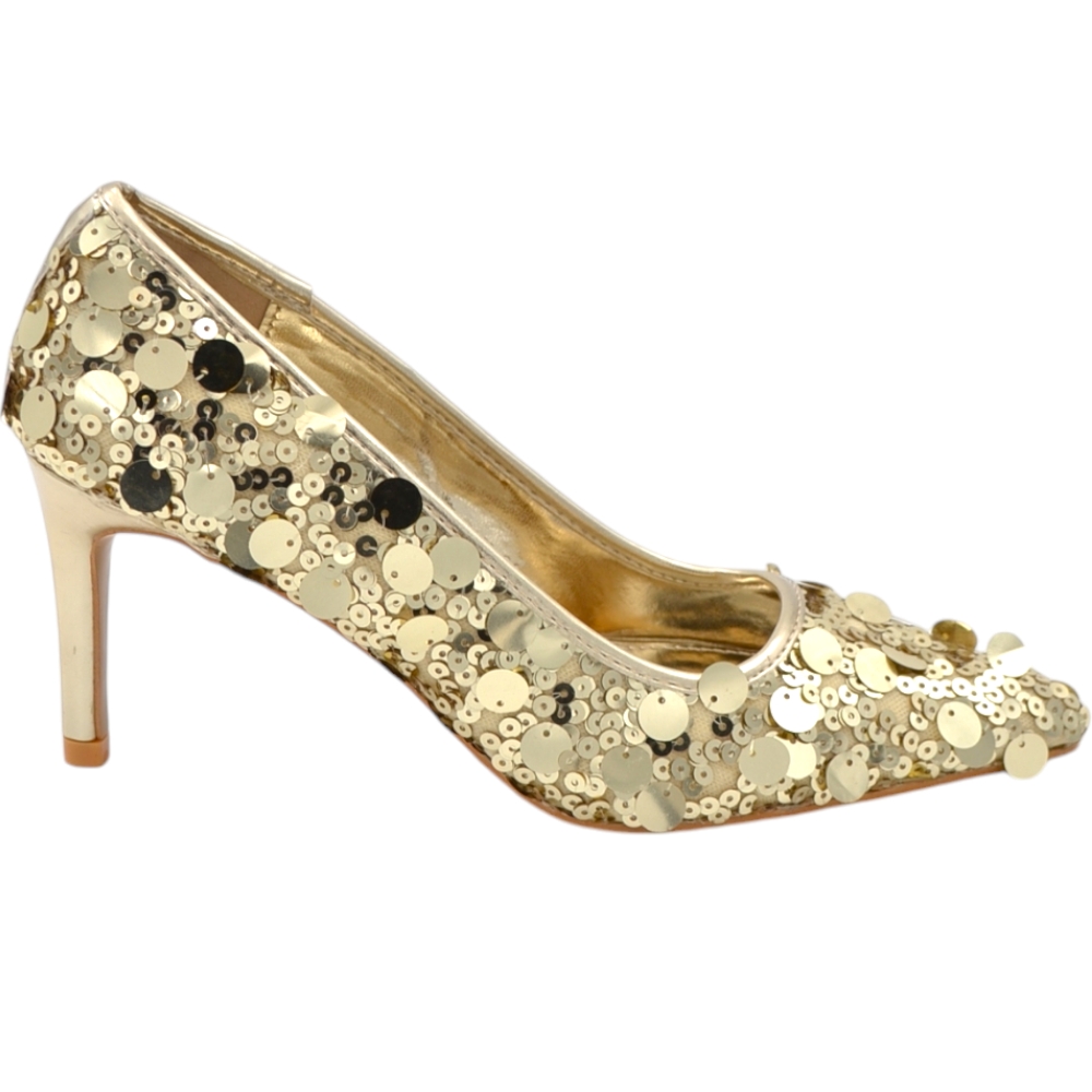 Decollete' donna a punta con paiettes oro tacco sottile 8 cm linea basic elegante scarpe cerimonie eventi