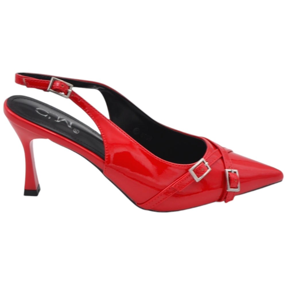 Decolette' donna in pelle lucida rossa punta tacco clessidra 8 cm cinturino regolabile tallone con fibbie e cinturini	.