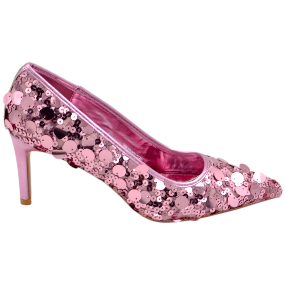 Decollete' donna a punta con paiettes rosa tacco sottile 8 cm linea basic elegante scarpe cerimonie eventi.