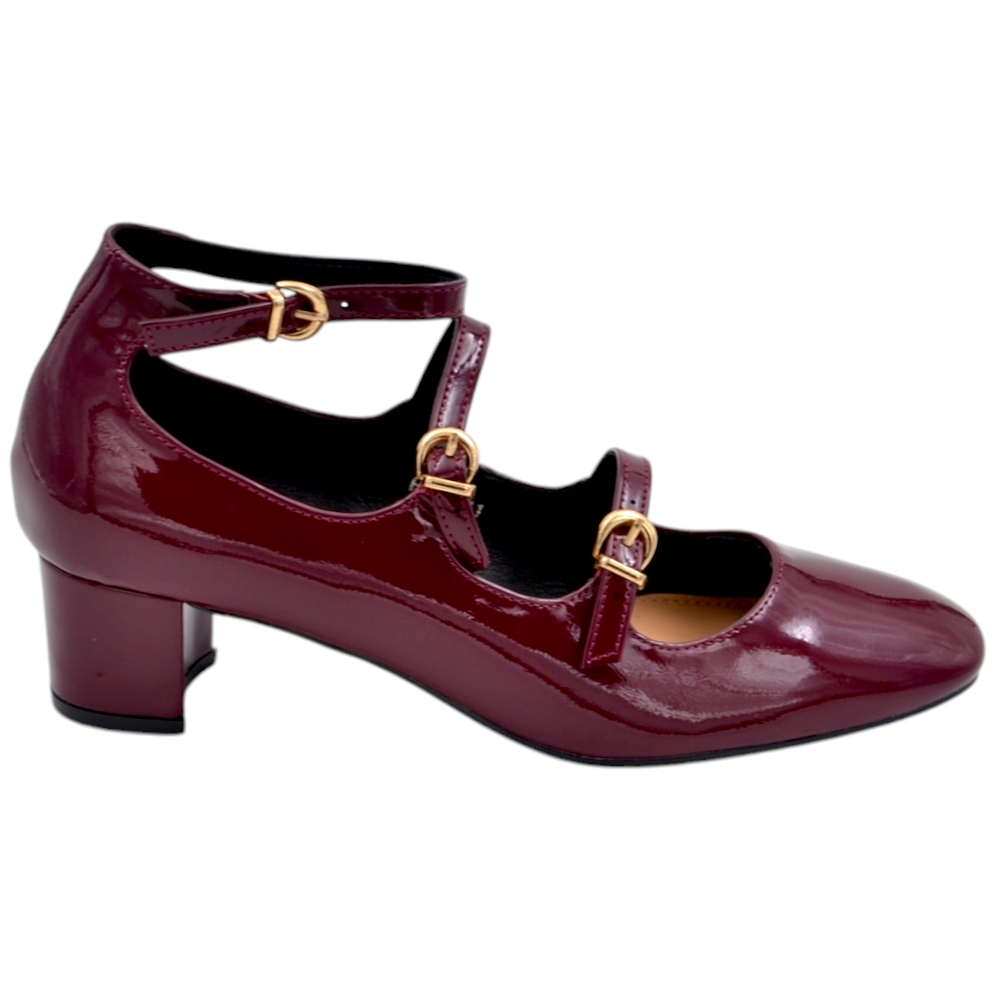 Scarpa decollete' donna punta quadrata con tacco largo 5 cm fibbie oro e cinturini regolabili vernice bordeaux lucido.