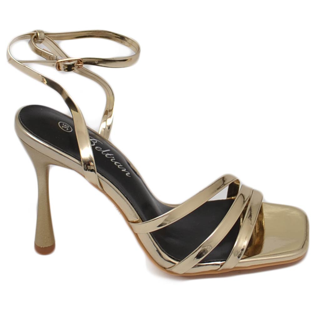 Sandali tacco donna fascette lucide oro e cinturino alla caviglia tacco a spillo comodo 12 cm elegante