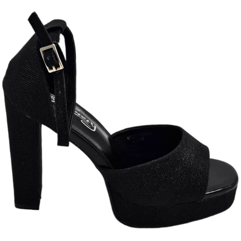 Sandali tacco donna in tessuto satinato nero plateau 3 cm tacco 11 cm con fascia avampiede chiusura regolabile caviglia 