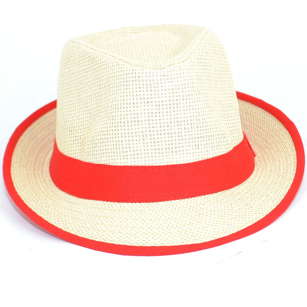 Cappello di paglia uomo con banda colorata rosso tinta unita naturale moda estiva tendenza moda giovane .