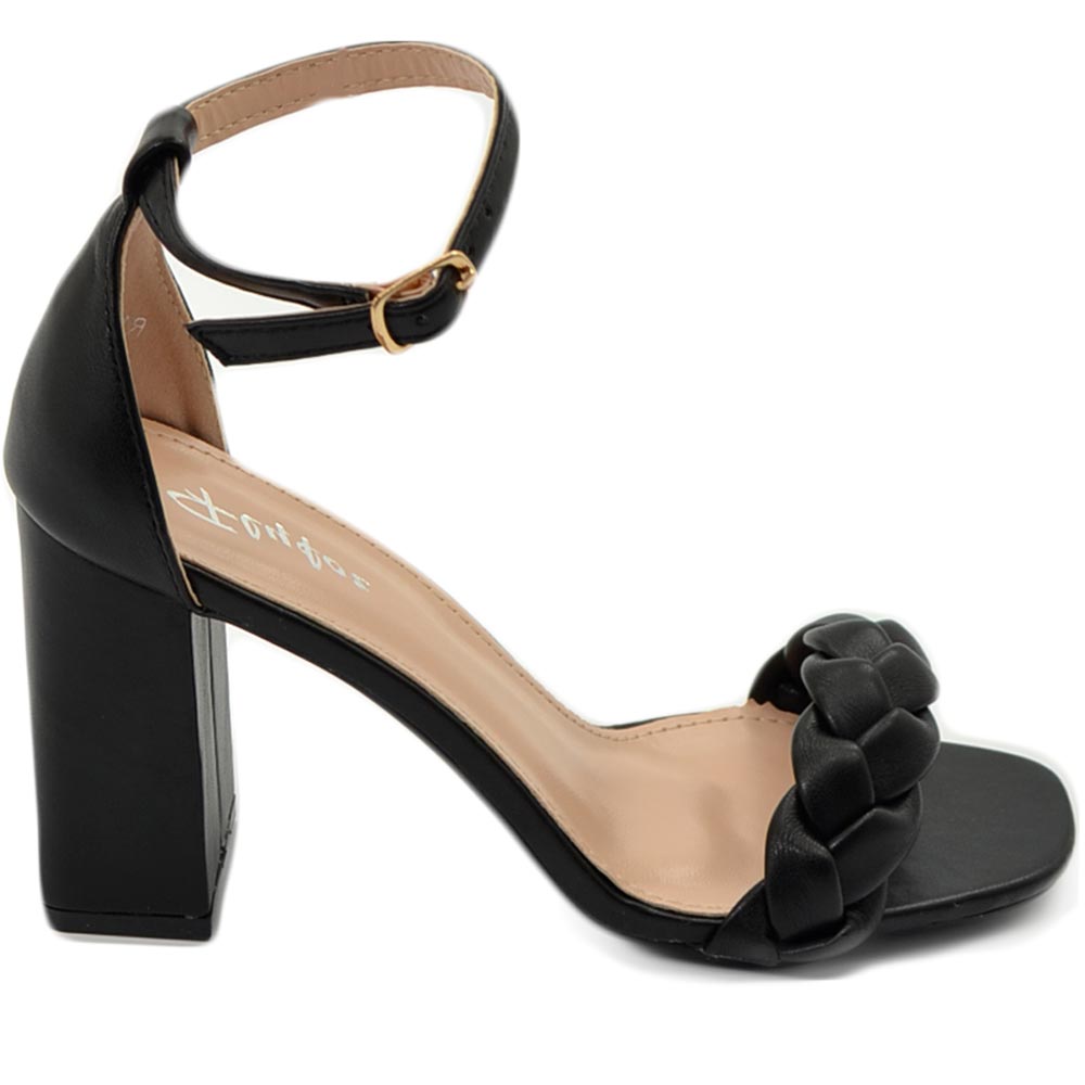 Sandalo donna nero unica fascia treccia con tacco comodo largo 9 cm  cinturino alla caviglia cerimonia evento.