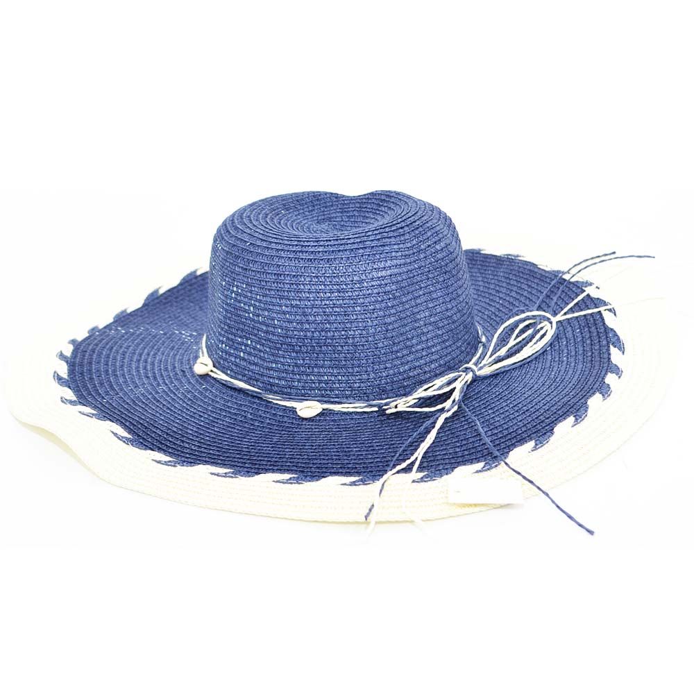 Cappello parasole di paglia naturale blu\bianco donna elegante tesa larga fiocco pieghe flessibile e pieghevole