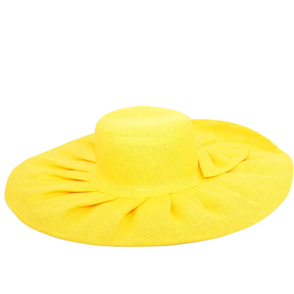 Cappello parasole di paglia giallo da donna elegante tesa larga con fiocco e pieghe flessibile e pieghevole per l’estate