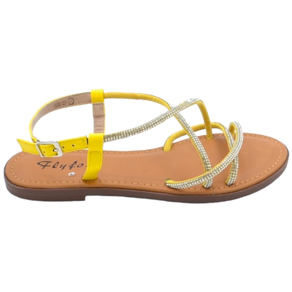 Sandalo gioiello basso donna giallo raso terra fascette incrociate brillantini chiusura caviglia regolabile antiscivolo.