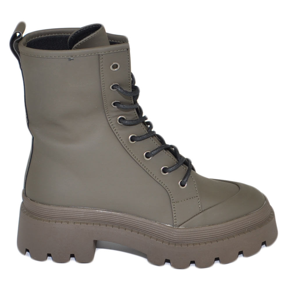 Stivaletto anfibio scarpa donna verde militare impermeabile lacci doppi carrarmato alto gommato zip moda 