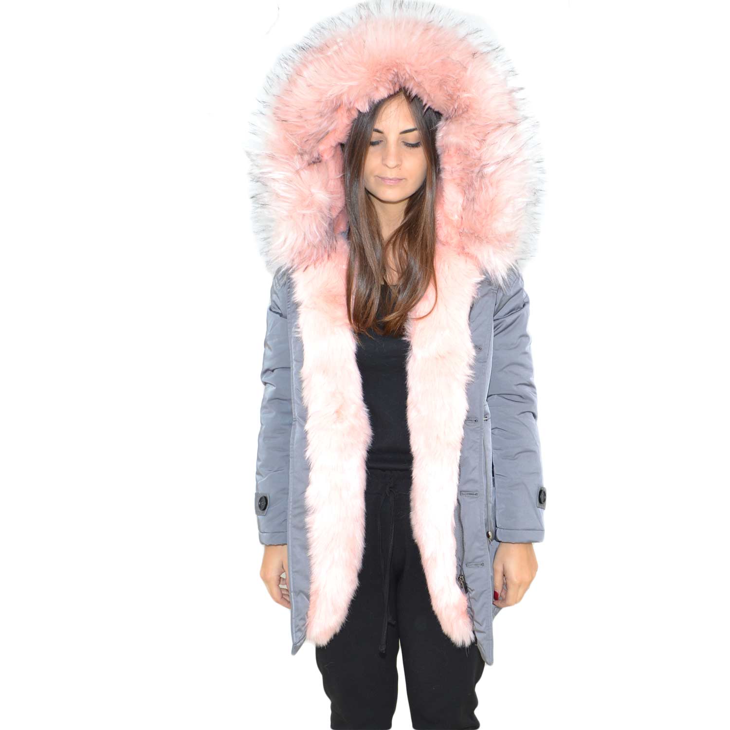 Parka donna invernale con pelliccia rosa eco giacca giubbotto piumino lungo grigio pelo extra volume imbottito caldo mod