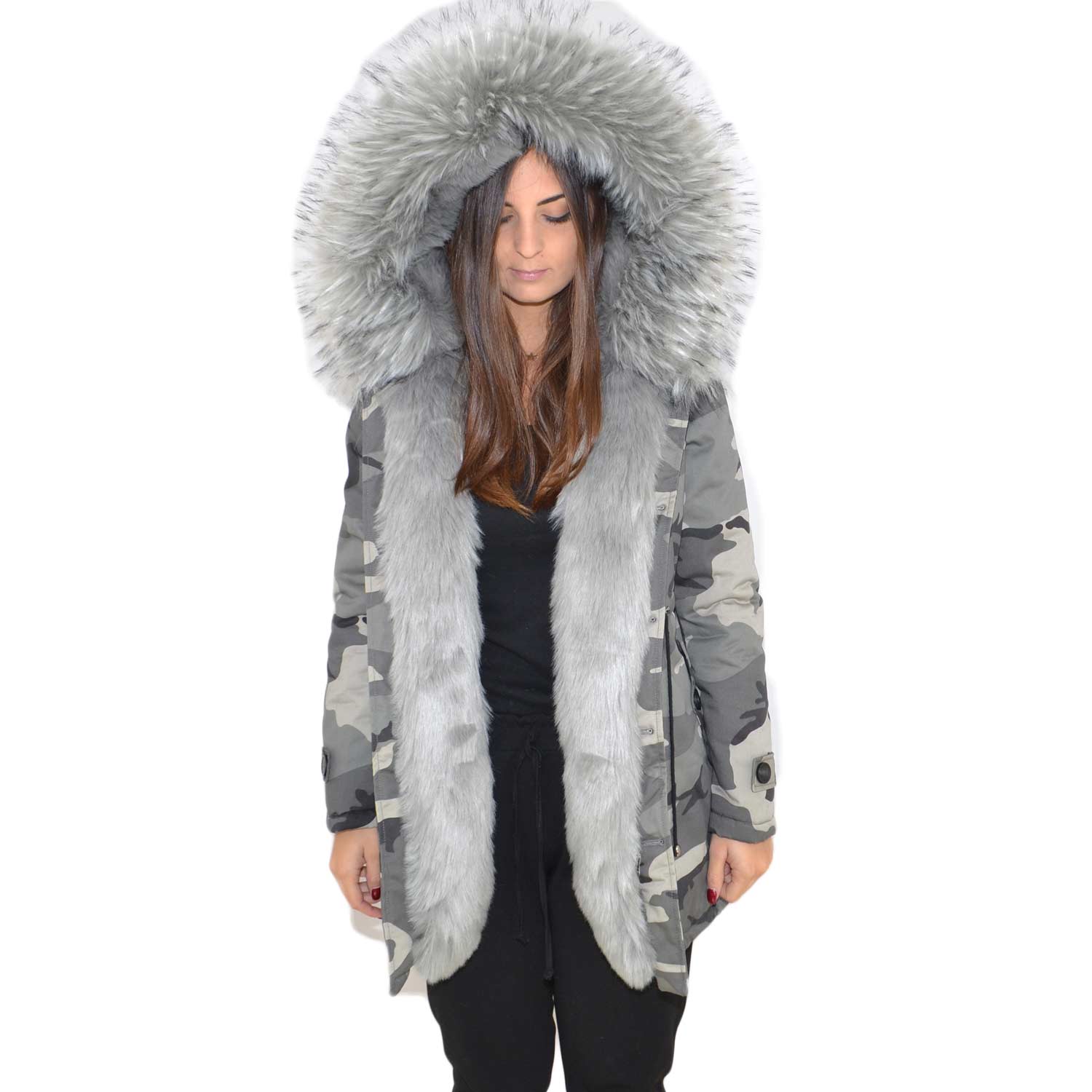 New parka lungo impermeabile mimetico grigio con pelliccia