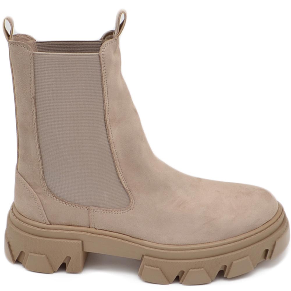 Stivaletti donna chelsea boots combat scamosciato beige chiaro fondo alto carrarmato 5 cm elastico