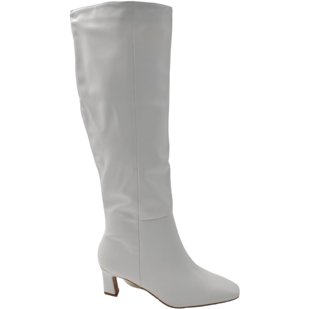 Stivali donna alti bianchi  basic a tacco sottile comodo 3 cm punta tonda al ginocchio zip laterale aderenti.