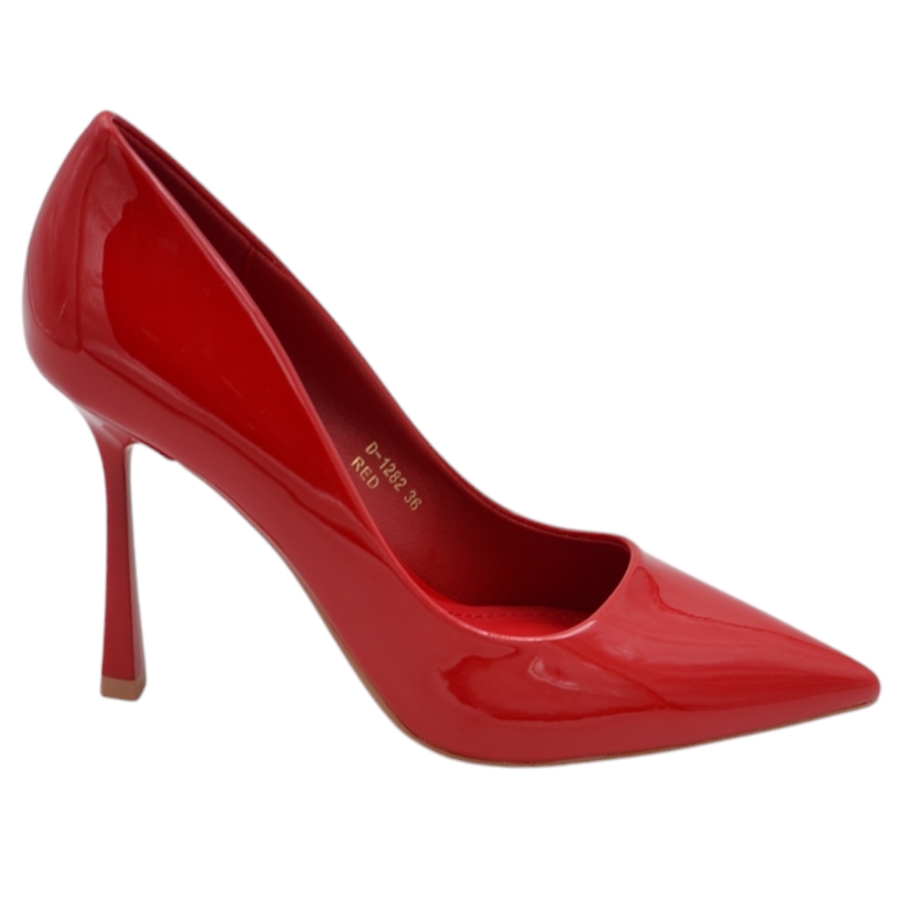 Decolette' donna in pelle vernice lucida rosso punta tacco clessidra 10 cm linea basic.